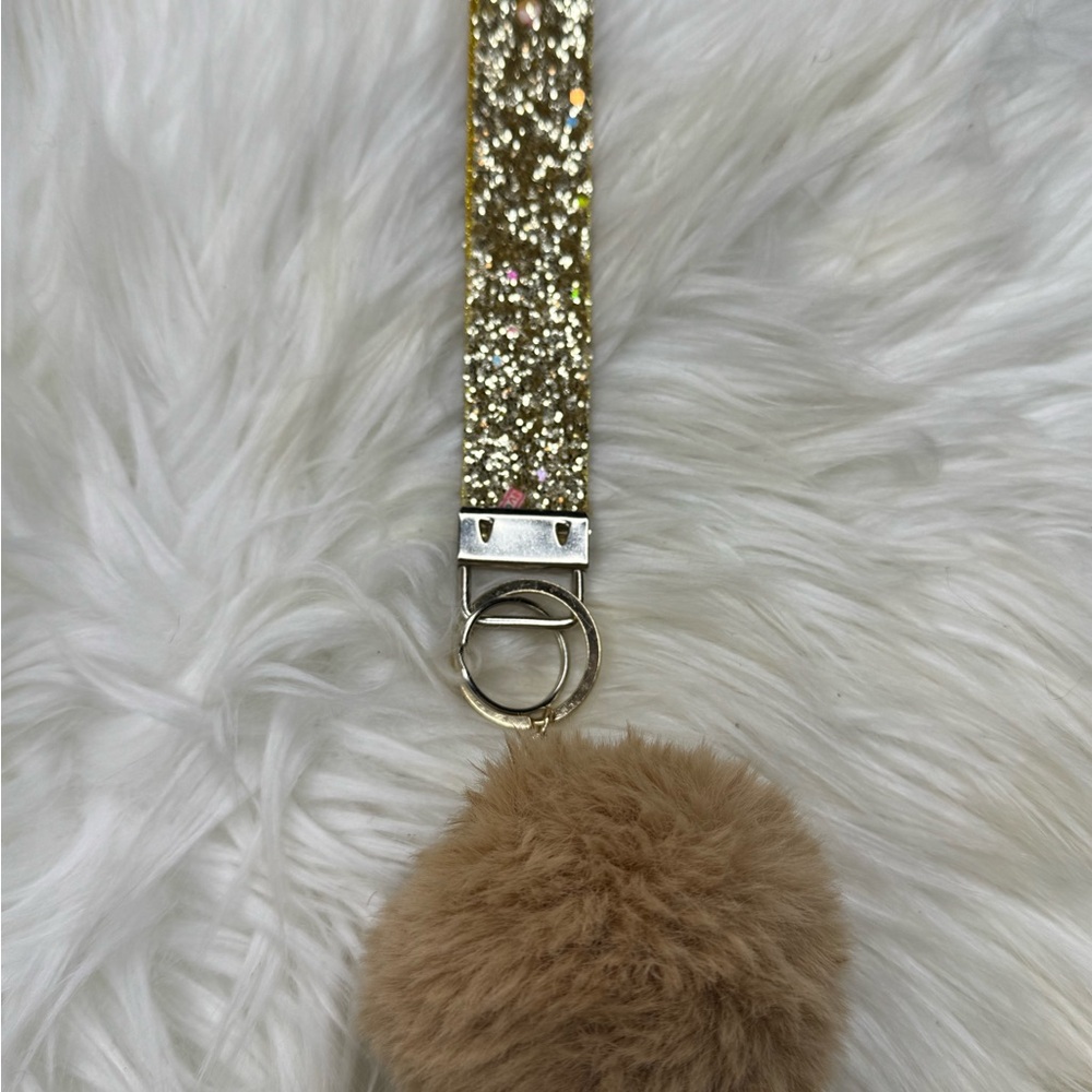Gold Glitter Keychain with Fur Pom Pom